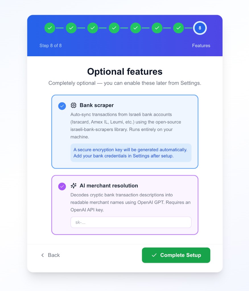 Optional features — Step 8 of 8